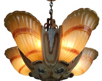 1 of 4 - Art Deco 5 Slip Shade Ceiling Fixture by Markel Chandelier Antique Original Finish Pendant Light Vintage Period Lighting
