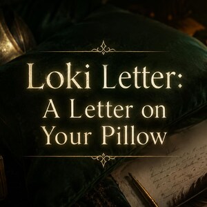 May include: A dark green velvet pillow sits beside a piece of aged parchment paper with handwritten script and a dark feather quill. The text "Loki Letter: A Letter on Your Pillow" is centered in gold lettering over the pillow and paper.