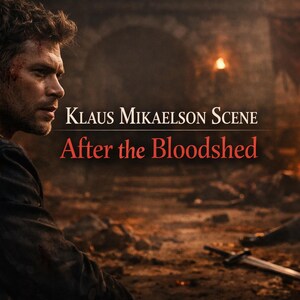Op de afbeelding: Een scène uit "Klaus Mikaelson Scene After the Bloodshed" met een man in donkere kleding, die opzij kijkt. De achtergrond toont een duistere, door oorlog verscheurde omgeving met een zwaard en vuur.