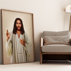 May include: A framed painting of Jesus Christ in a white robe with a light brown background.