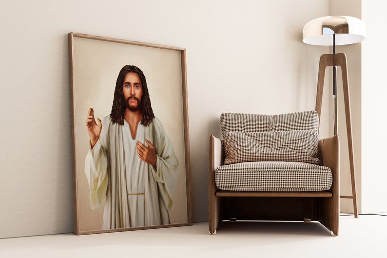 May include: A framed painting of Jesus Christ in a white robe with a light brown background.