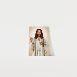 May include: A painting of Jesus Christ with long brown hair and a beard, wearing a white robe with a gold sash. He is standing with his right hand raised and his left hand on his chest.