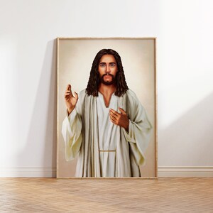 May include: A painting of Jesus Christ in a white robe with long brown hair and a beard. He is standing with his right hand raised and his left hand on his chest.