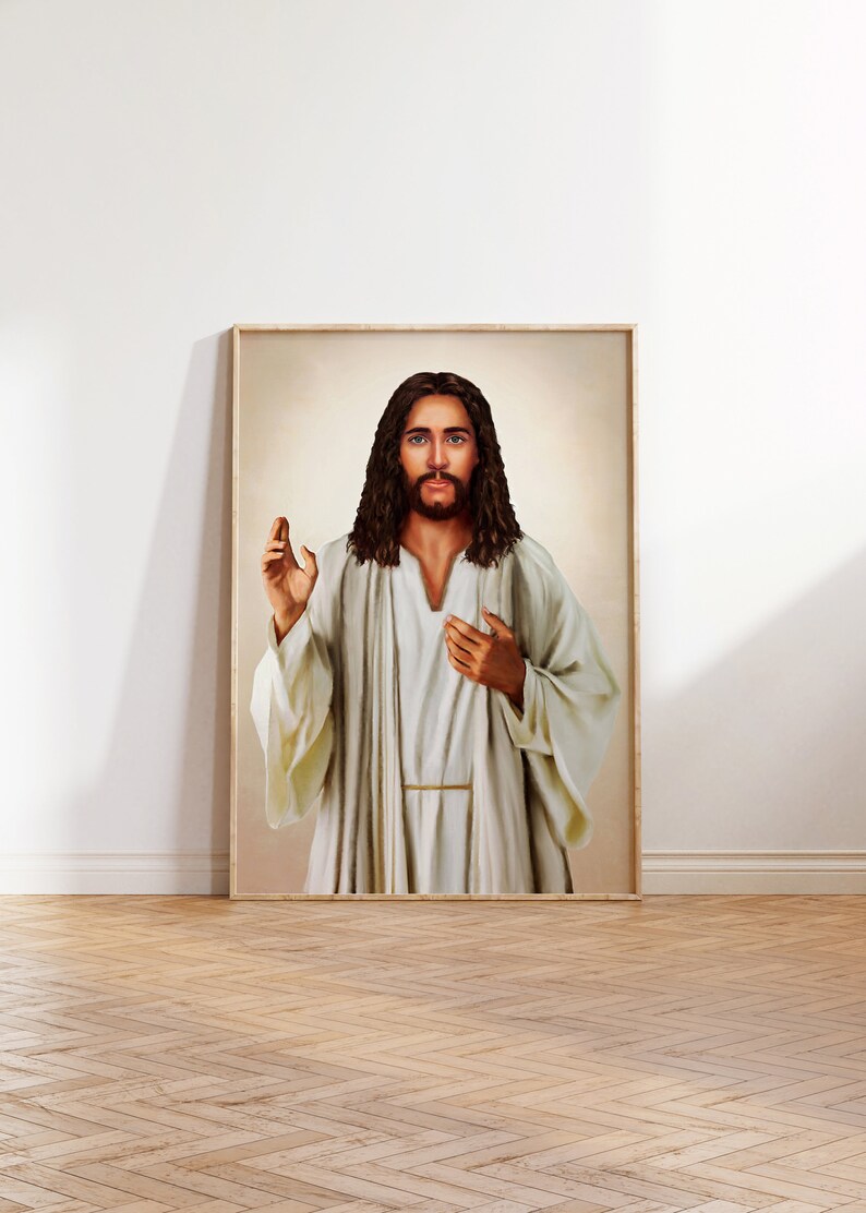 May include: A painting of Jesus Christ in a white robe with long brown hair and a beard. He is standing with his right hand raised and his left hand on his chest.