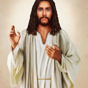 May include: A painting of Jesus Christ with long brown hair and a beard, wearing a white robe. He is standing with his right hand raised and his left hand on his chest.