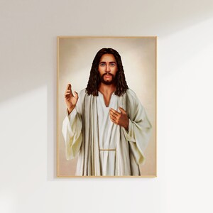 May include: A painting of Jesus Christ in a white robe with long brown hair and a beard. He is standing with his right hand raised and his left hand on his chest. The background is a light brown color.