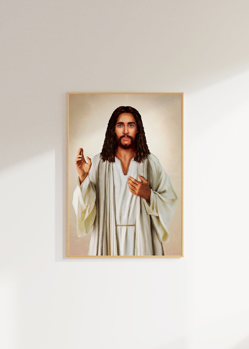 May include: A painting of Jesus Christ in a white robe with long brown hair and a beard. He is standing with his right hand raised and his left hand on his chest. The background is a light brown color.