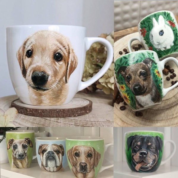 CUSTOM Personalised gift Handpainted mug, animal pet portrait memorial, cat, dog, rabbit, horse, birthday christmas, painting from photo