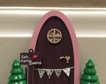 Mulberry and pink fairy door with personalised sign post and bunting