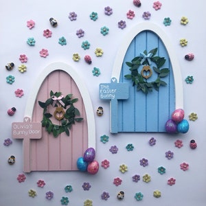 Easter bunny fairy door. Custom made fairy door with wreath and personalised sign post image 3