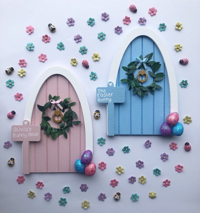 Easter bunny fairy door. Custom made fairy door with wreath and personalised sign post image 3