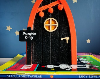 Halloween fairy door, black and orange magic door with personalised sign post and bunting