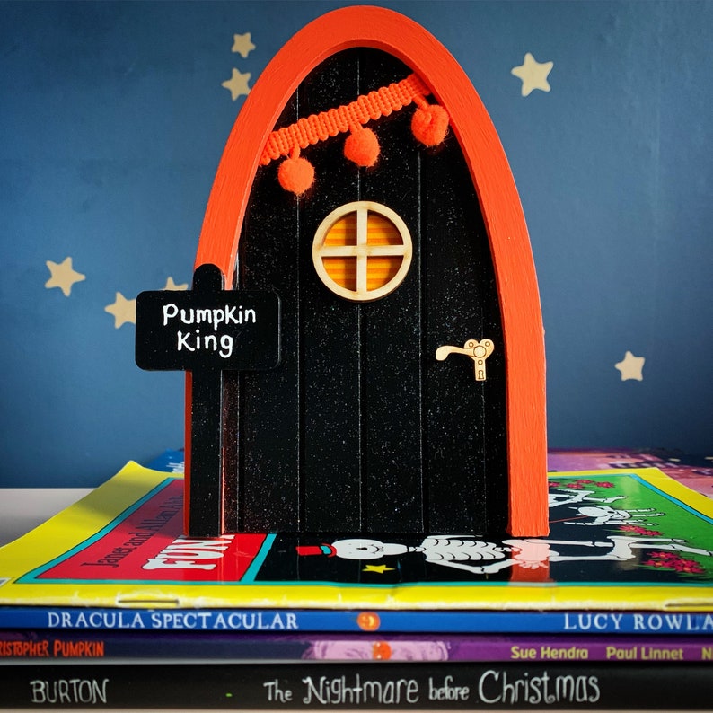 Halloween fairy door, black and orange magic door with personalised sign post and bunting image 1