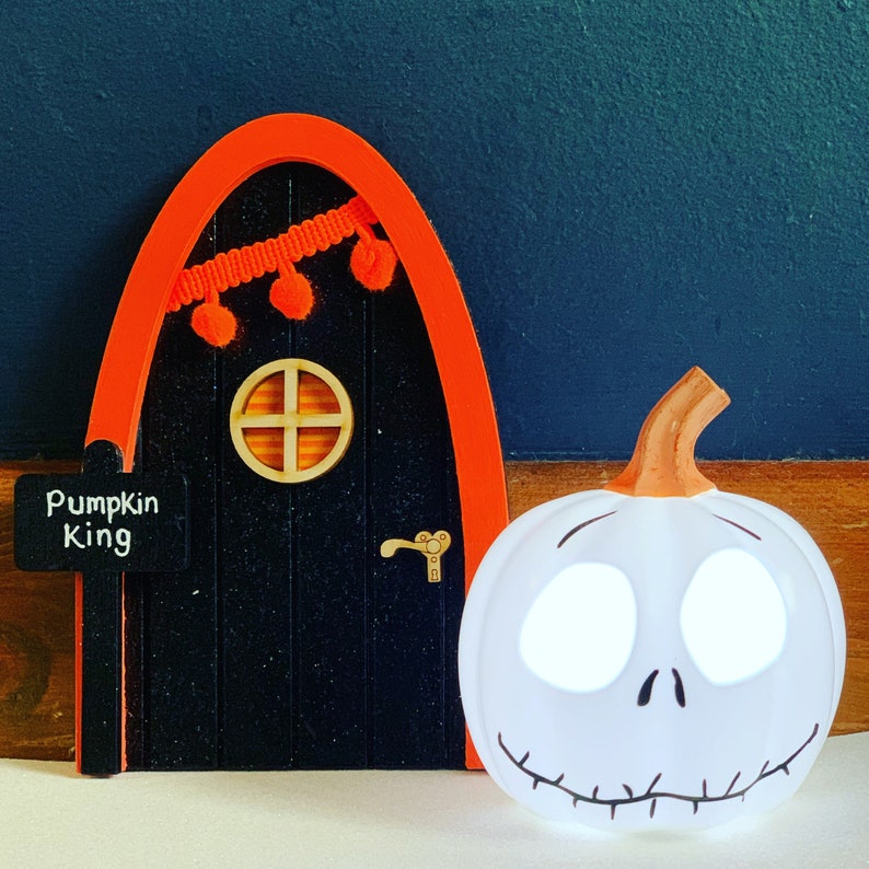 Halloween fairy door, black and orange magic door with personalised sign post and bunting image 3