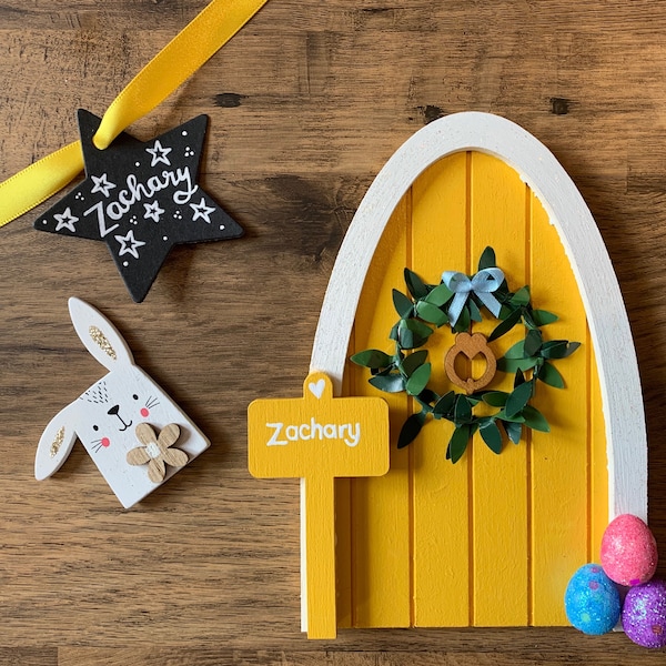 Easter bunny fairy door. Custom made fairy door with wreath and personalised sign post