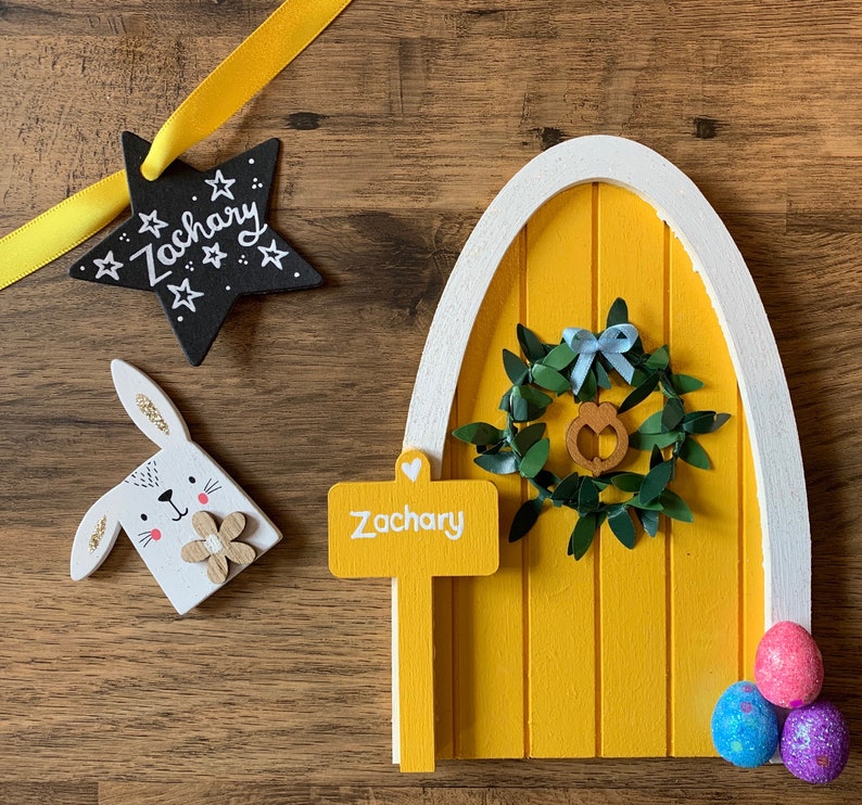 Easter bunny fairy door. Custom made fairy door with wreath and personalised sign post image 1