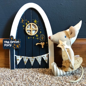 Dream fairy, star fairy or elf door. Dark blue fairy or elf door, with personalised sign post, bunting and gold star pattern