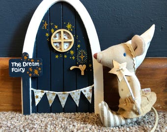 Dream fairy, star fairy or elf door. Dark blue fairy or elf door, with personalised sign post, bunting and gold star pattern