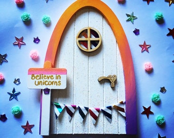 Magical unicorn door. Hand painted white, glitter and rainbow miniature door. Rainbow and white fairy and elf door
