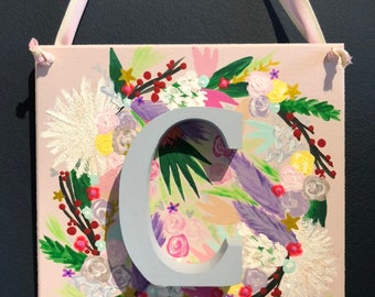 Hand painted, floral wreath and initial, hanging wooden sign. Name plaque with wooden letter. Nursery sign or childrens gift