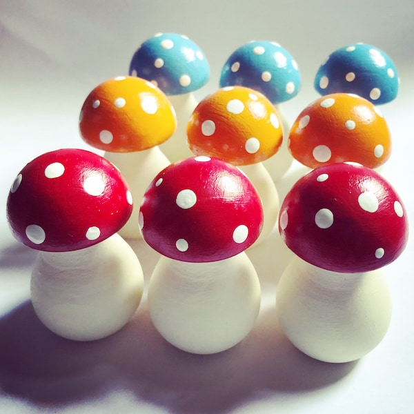 Hand painted toadstools. Hand painted in any colour. Custom colour, wooden toadstools