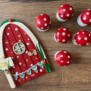 Toadstool, woodland fairy and elf door, with personalised sign post and bunting.