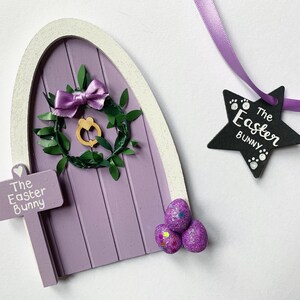 Easter bunny fairy door. Custom made fairy door with wreath and personalised sign post image 2