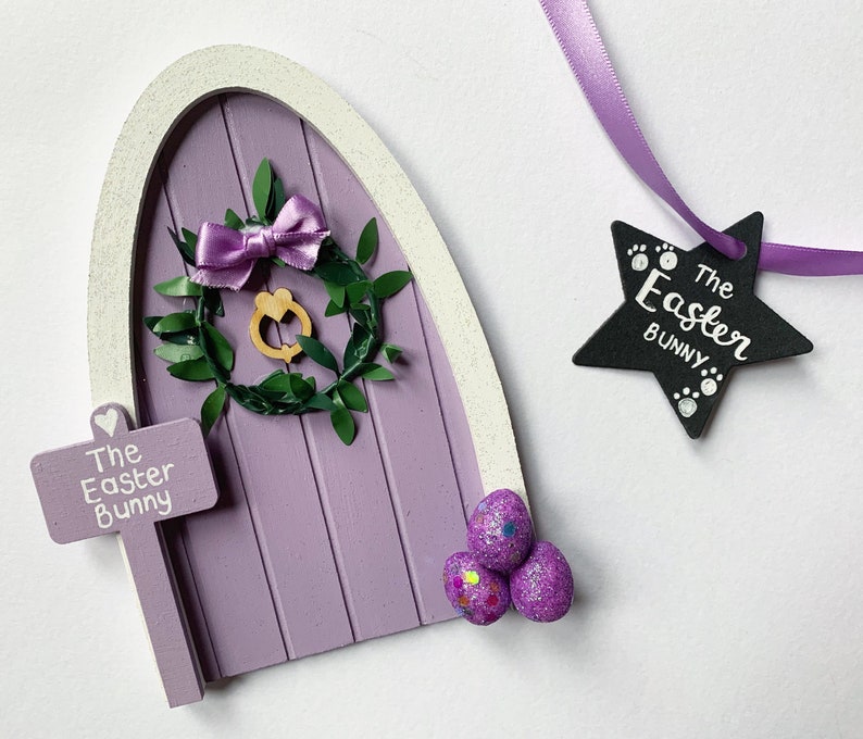 Easter bunny fairy door. Custom made fairy door with wreath and personalised sign post image 2