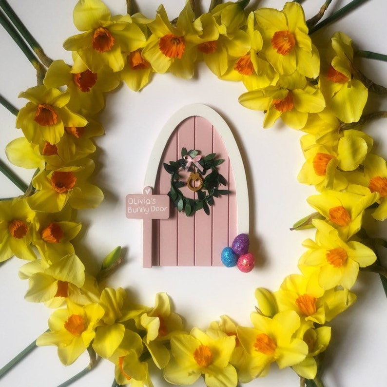 Easter bunny fairy door. Custom made fairy door with wreath and personalised sign post image 5