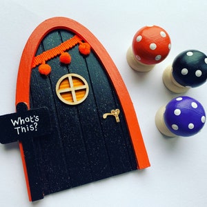 Halloween fairy door, black and orange magic door with personalised sign post and bunting image 2