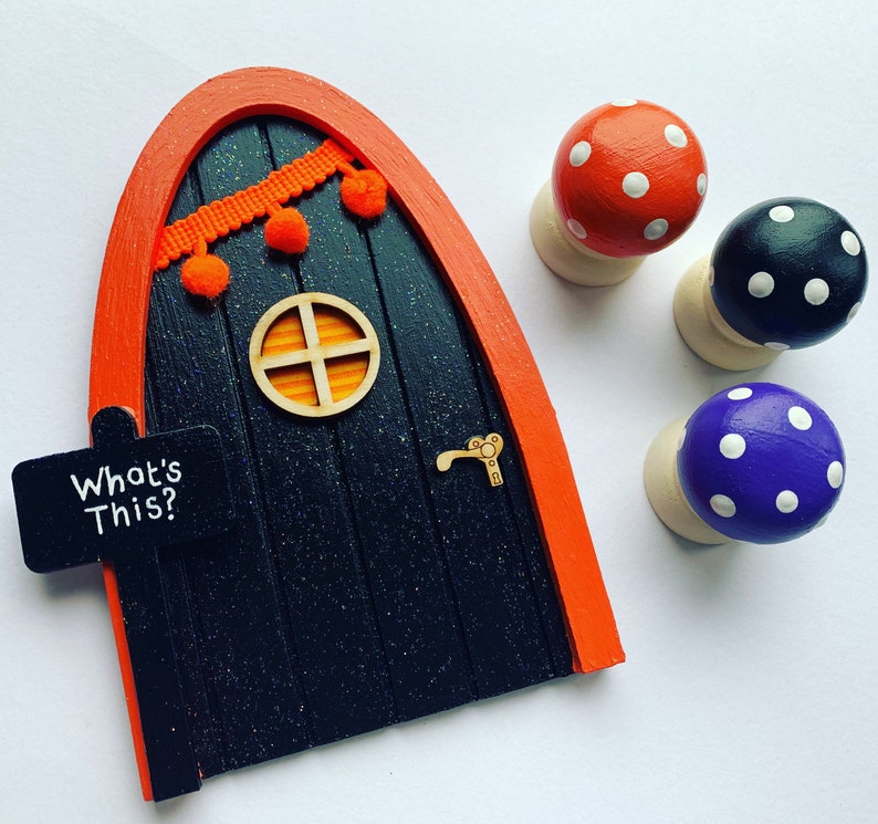 Halloween fairy door, black and orange magic door with personalised sign post and bunting image 2