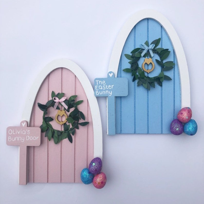 Easter bunny fairy door. Custom made fairy door with wreath and personalised sign post image 4