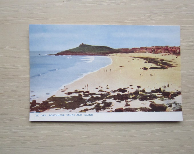 Old Vintage Postcard, Porthmeor Sands And Island, St. Ives, Cornwall, UK. Genuine, Original, Unused
