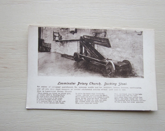 Vintage Printed Postcard, Leominster Priory Church, Ducking Stool, Herefordshire, UK. Genuine, Original, Unused.