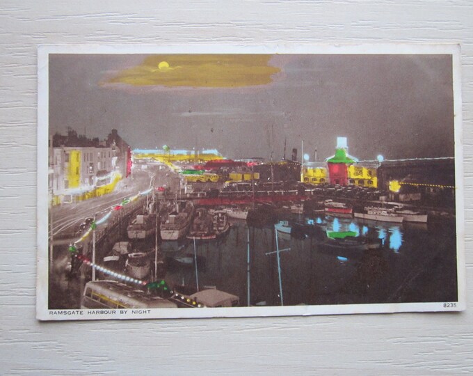 1920s Postcard. Ramsgate Harbour By Night, UK. Original, Used. Ideal Christmas Gift, Birthday Present, Mother's Day Gift For Loved One.