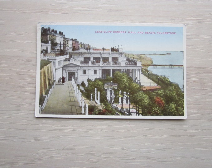 1930s Old Vintage REAL PHOTO Postcard, Leas Cliff Concert Hall & Beach, Folkestone, Kent, UK. Genuine, Original, Used