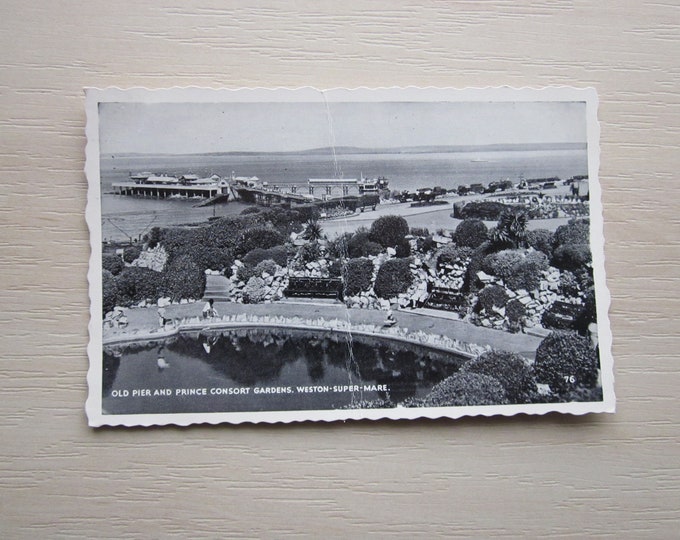 1950s Vintage REAL PHOTO Postcard, Old Pier And Prince Consort Gardens, Weston-Super-Mare, Somerset, UK. Genuine, Original, Used. Ideal Gift