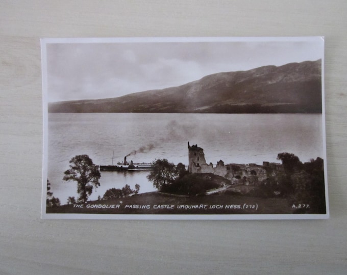 Postcard, The "Gondolier" Passing Castle Urquhart, Loch Ness, Scotland, UK. Genuine, Original, Unused REAL Photo Postcard (RPPC).