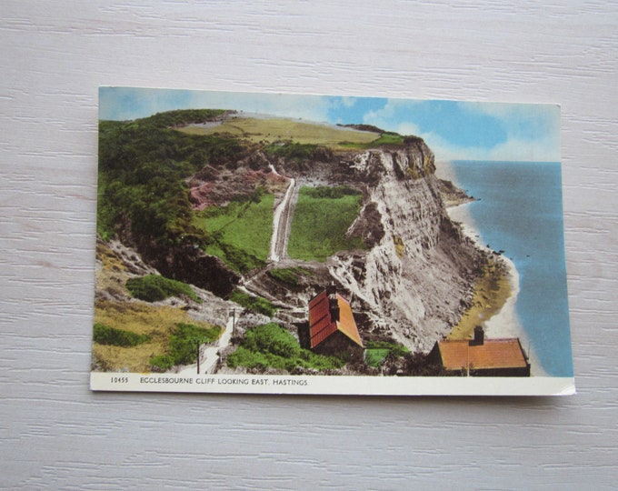 Vintage REAL PHOTO Postcard, Ecclesbourne Cliff, Looking East, Hastings, Sussex, UK. Genuine, Original, Used.