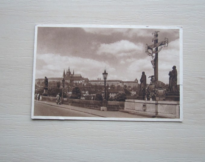 1940s Postcard, Crucifix On The Old Stone Bridge, Prague, Czech Republic. Genuine, Original, Used.