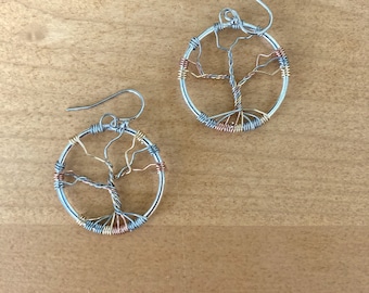 Tree of Life Mixed Metal Earrings, Silver Gray, Copper, and Gold Tone Wires, Hoops, Sterling Silver Ear Wires