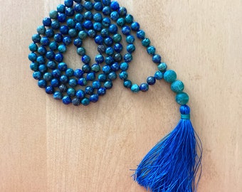 Blue and Green Stone Mala, Azurmalachite Mala, Azurite and Malachite Long Mala, Green Agate Guru, Blue Silk Tassel, Autistic Artist, Lynn