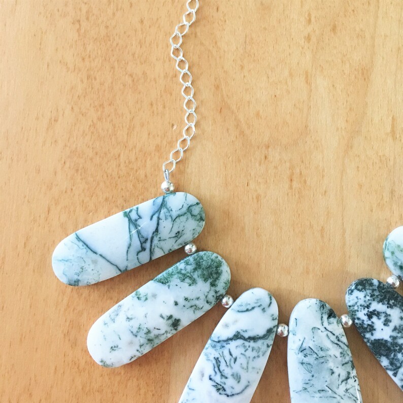 Green Necklace Green and White Moss Agate Natural Stone Sterling Silver Chain Bib Flat Oval Stones Boho Hippie Maggie