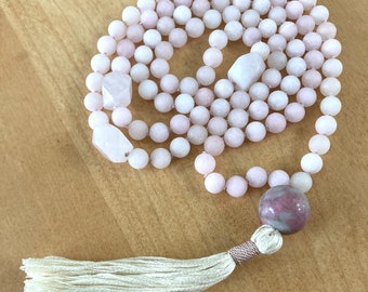 Rose Quartz 108 Bead Mala Necklace for Meditation, Unconditional Love, Autistic Artist, Jasper Guru, Cotton Tassel