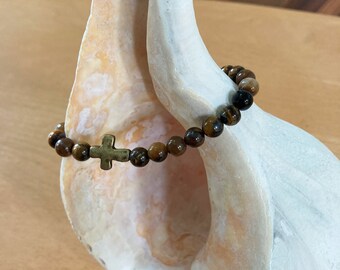 Tiger Eye Bracelet with Cross, Small/Medium, Cruz