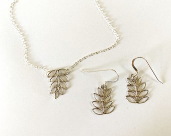 Leaf Necklace and Earrings Set, Sterling Silver, Fronds