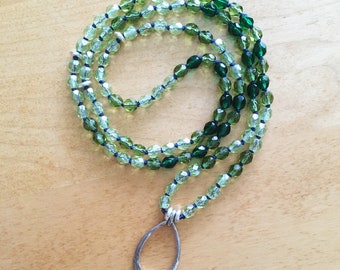 Green Mala, Glasses Keeper, Czech Glass, Sodalite Jasper, Seaweed Quartz Moss Agate, Yoga, Meditation, Boho, Autistic Artist, Moss