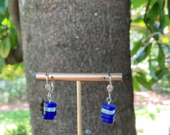 Blue and Green Sea Glass Earrings, Cultured Sea Glass, Sterling Silver Lever Back Ear Wires, Beach, Boho, Cairn