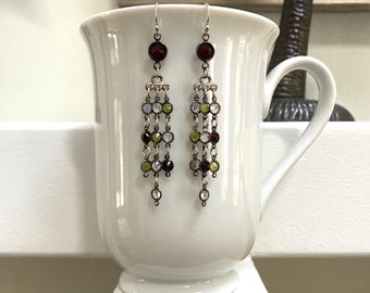 Chandelier Earrings, Multicolor Crystal, Stained Glass, Sterling Silver Ear Wires, Lear