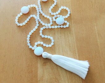 White Opalite Mala, Autistic Artist, Opalite and Cultured Sea Glass with Blue and Orange Flash, Moon, Yoga, Meditation, Boho, Moonlight